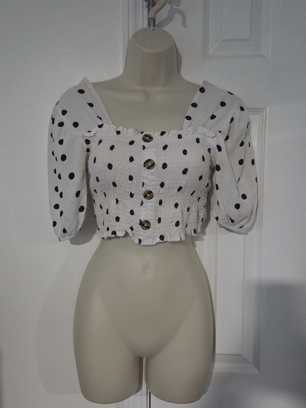 White Polka Dot Smocked Cropped Blouse with Button Front